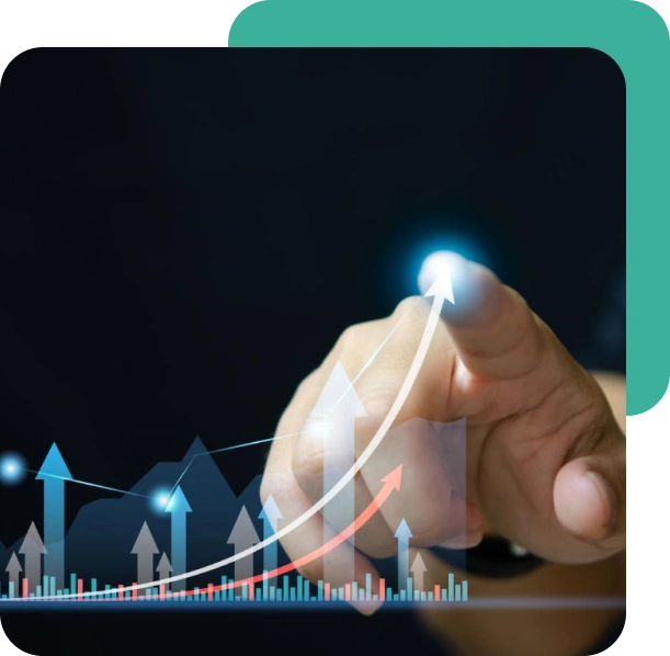 A hand pointing to a glowing upward graph, symbolizing growth or progress.